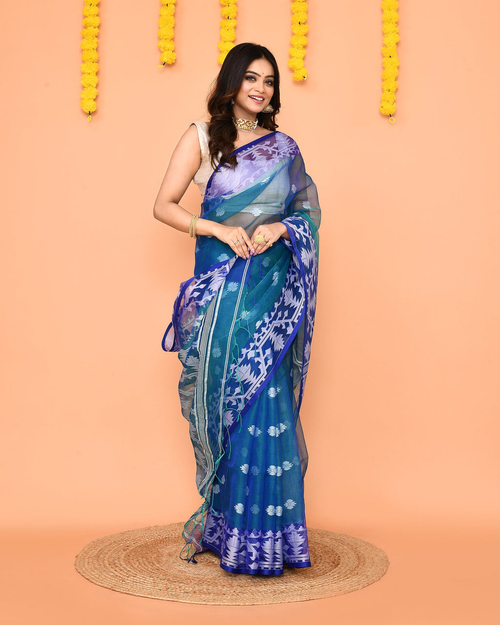 Piyari Fashion Women's Blue Resham Silk Jamdani Saree | Grocsy