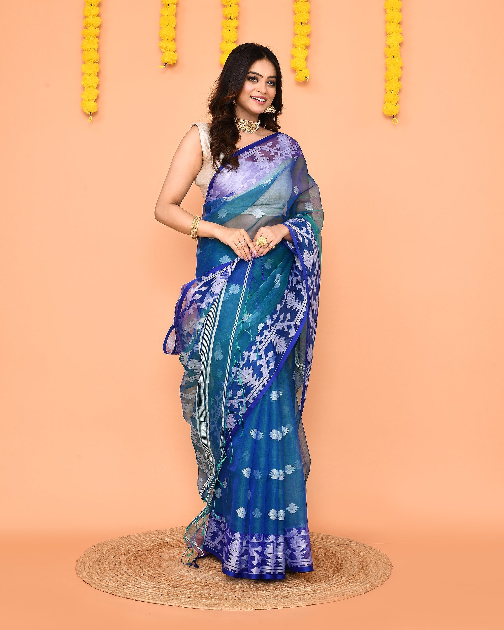 Piyari Fashion Women's Blue Resham Silk Jamdani Saree | Grocsy