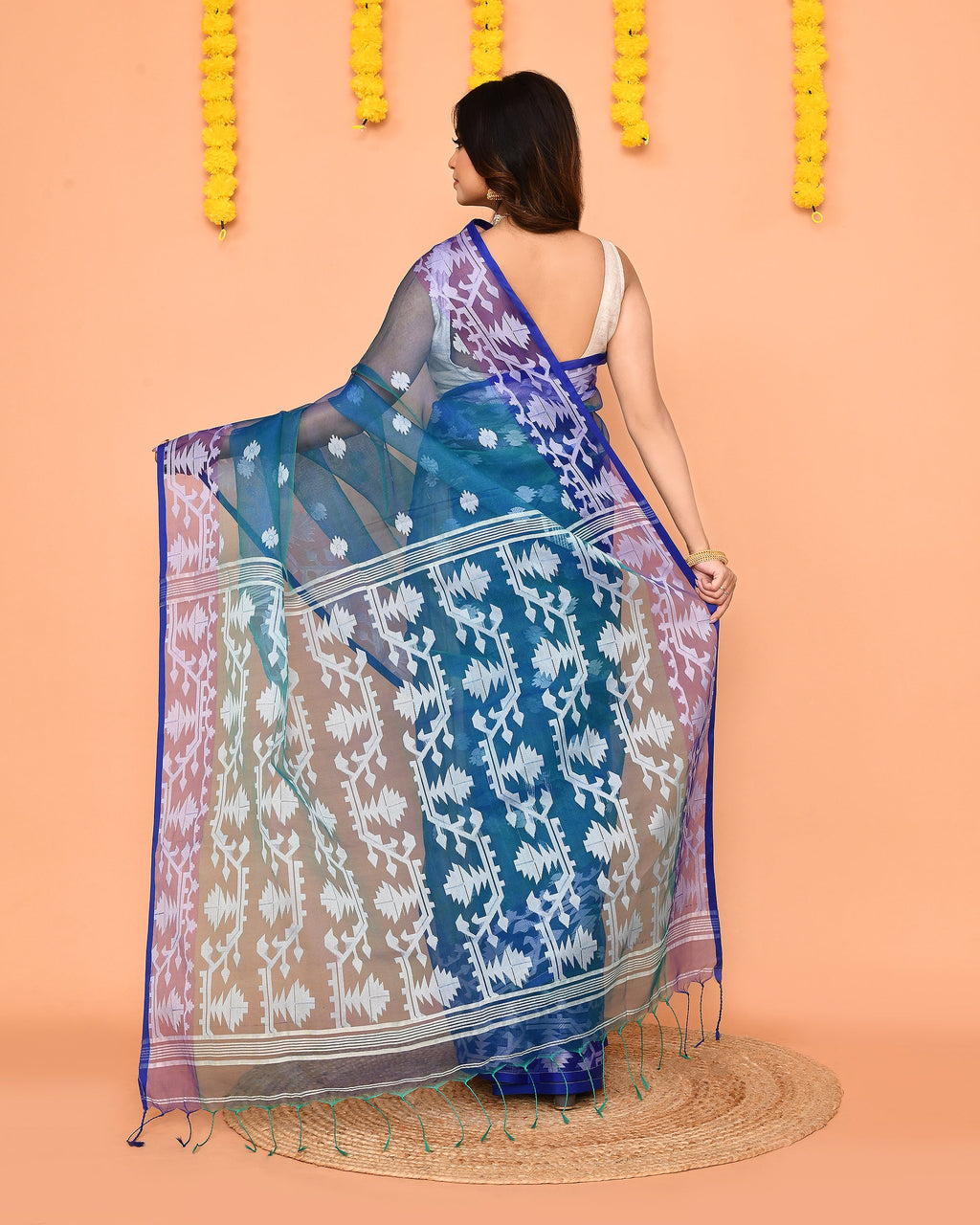 Piyari Fashion Women's Blue Resham Silk Jamdani Saree | Grocsy