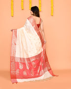 Piyari Fashion Women's Handloom Off White Bangalore Silk Saree With Zari Border | Grocsy