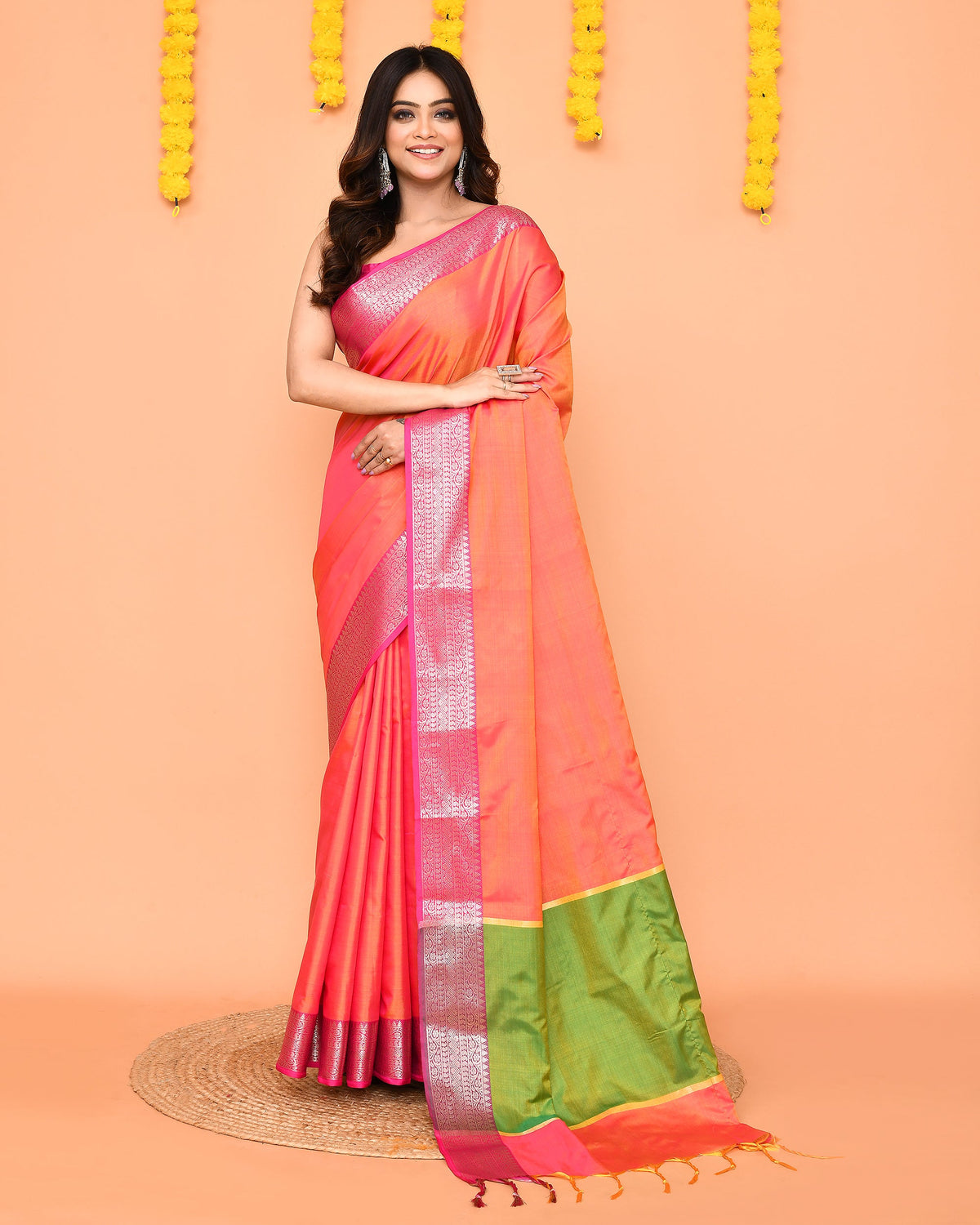 Piyari Fashion Women's Handloom Pink Orange Dual Tone Bangalore Silk Saree With Zari Border | Grocsy