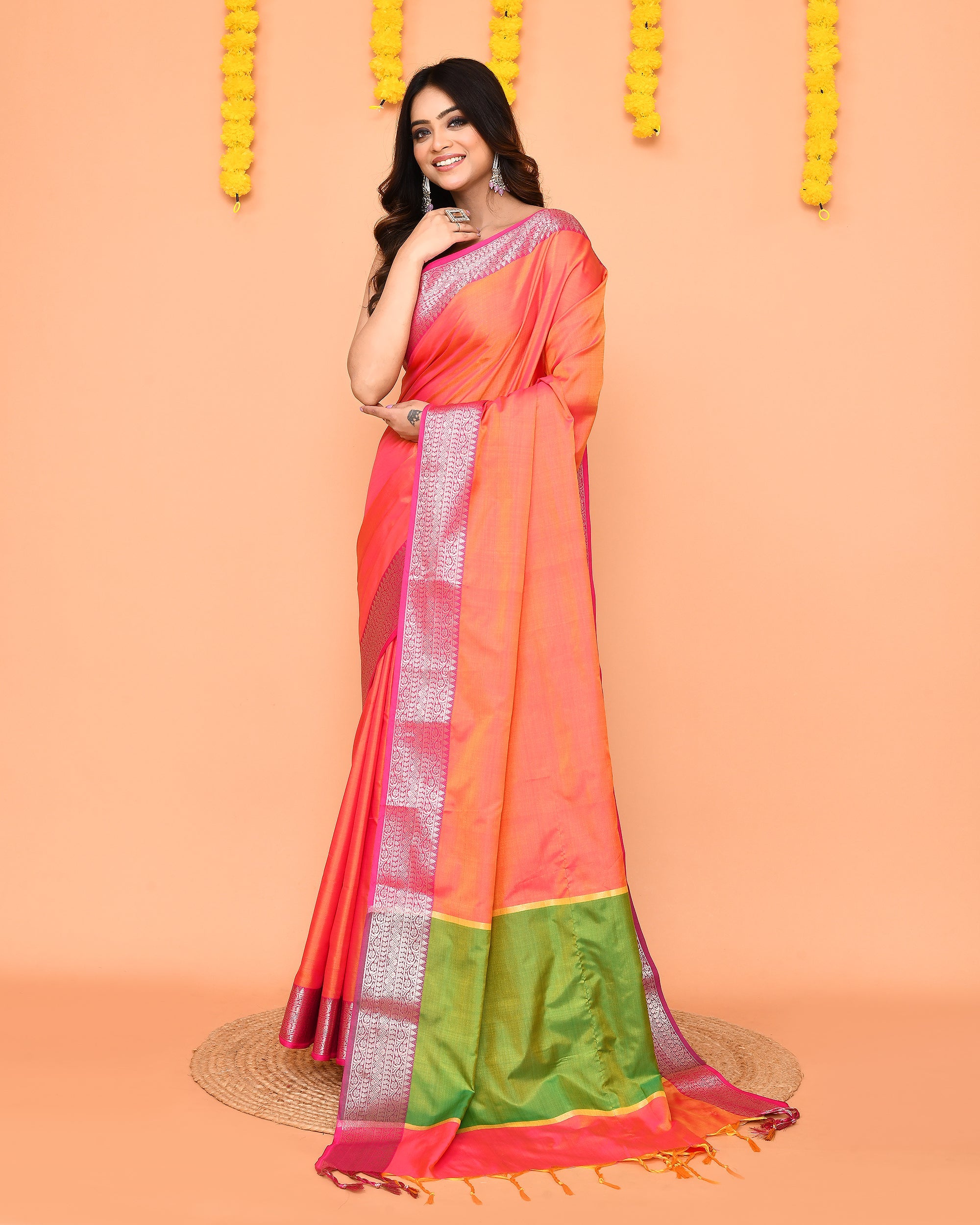 Piyari Fashion Women's Handloom Pink Orange Dual Tone Bangalore Silk Saree With Zari Border | Grocsy