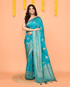 Piyari Fashion Women's Handloom Turquoise Bangalore Silk Saree With Zari Border | Grocsy