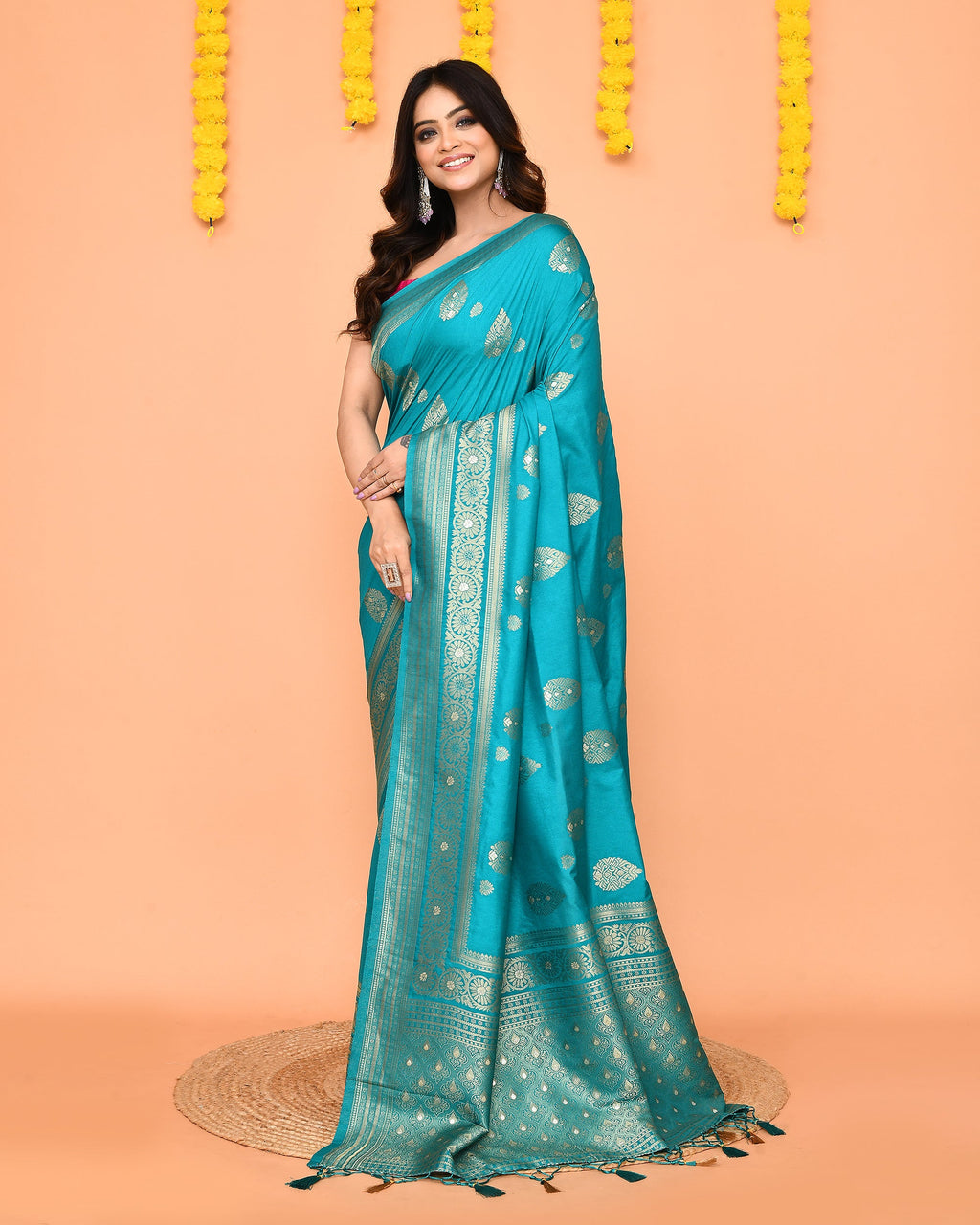 Piyari Fashion Women's Handloom Turquoise Bangalore Silk Saree With Zari Border | Grocsy
