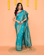 Piyari Fashion Women's Handloom Turquoise Bangalore Silk Saree With Zari Border | Grocsy
