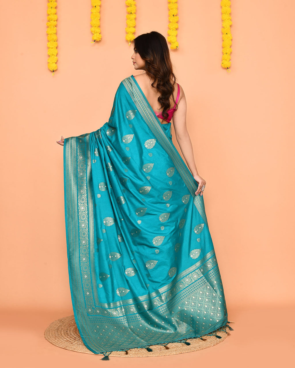 Piyari Fashion Women's Handloom Turquoise Bangalore Silk Saree With Zari Border | Grocsy