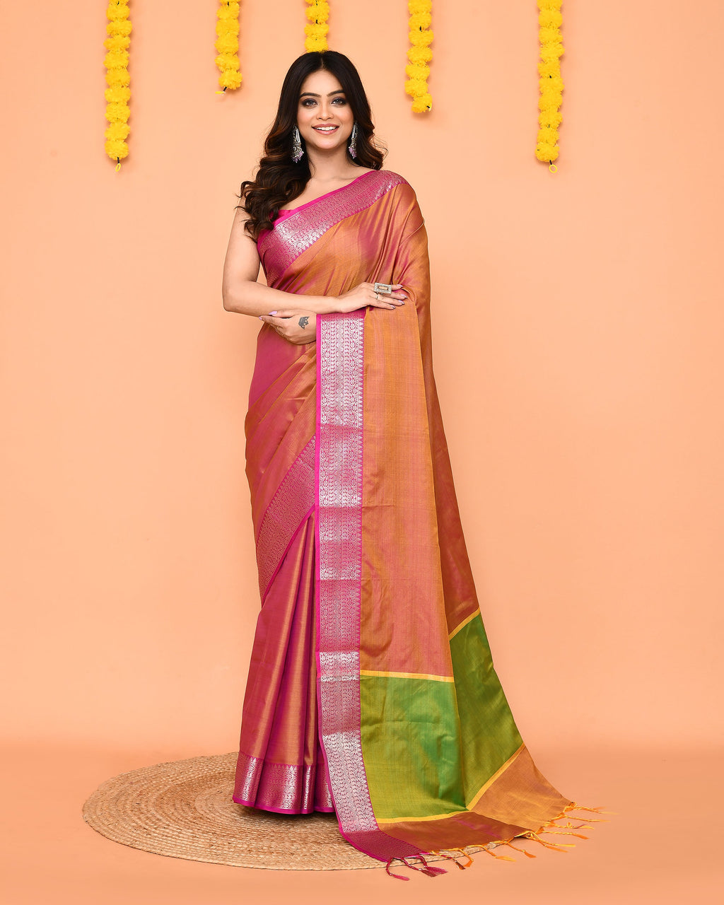 Piyari Fashion Women's Handloom Pastel Pink Yellow Bangalore Silk Saree With Zari Border | Grocsy