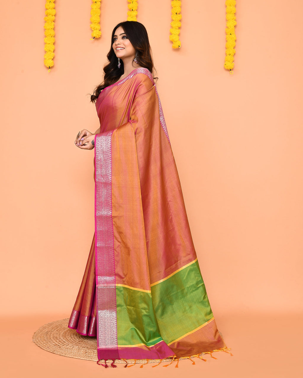 Piyari Fashion Women's Handloom Pastel Pink Yellow Bangalore Silk Saree With Zari Border | Grocsy
