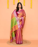 Piyari Fashion Women's Handloom Pastel Pink Yellow Bangalore Silk Saree With Zari Border | Grocsy