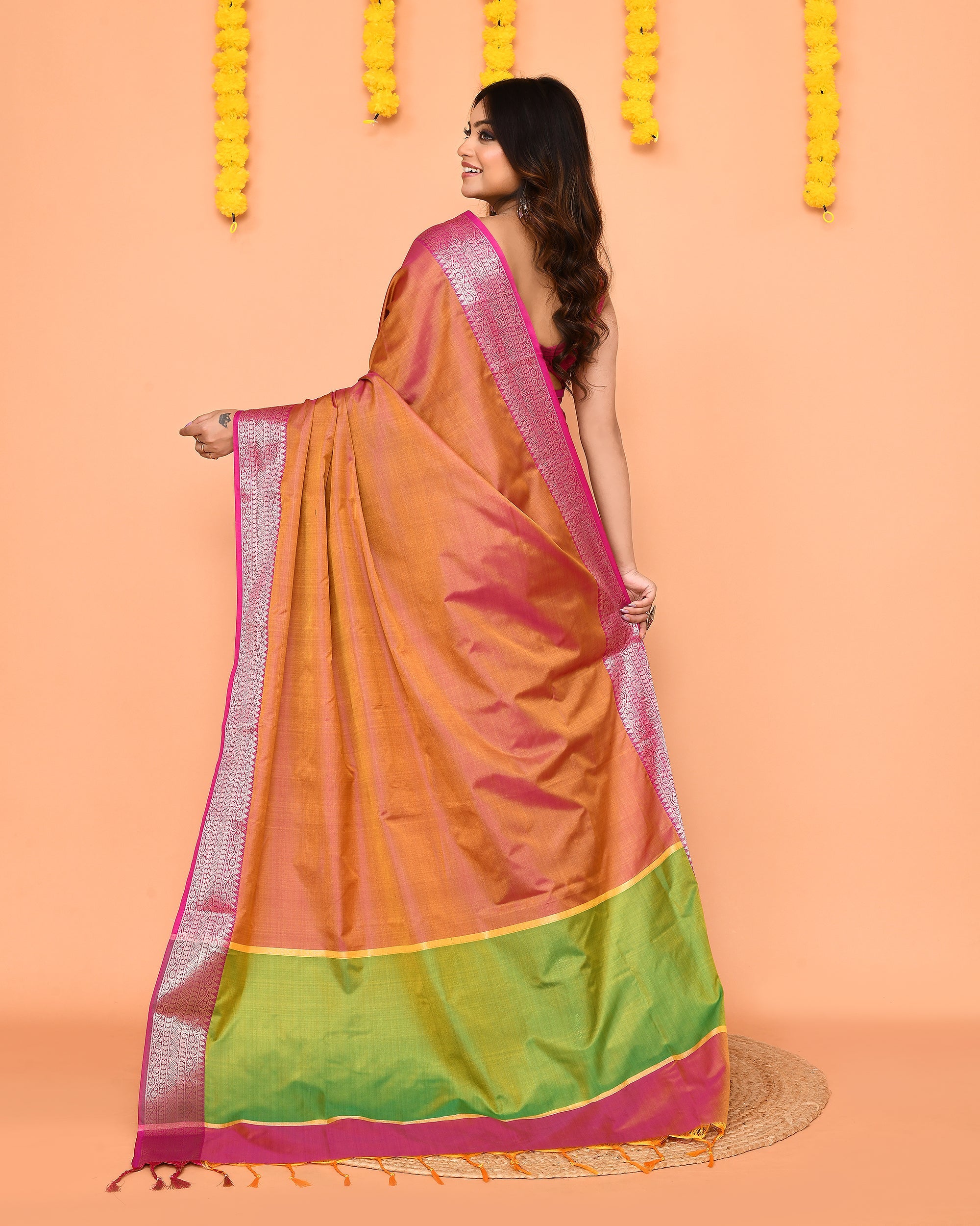 Piyari Fashion Women's Handloom Pastel Pink Yellow Bangalore Silk Saree With Zari Border | Grocsy