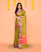 Piyari Fashion Women's Handloom Olive Bangalore Silk Saree With Zari Border | Grocsy