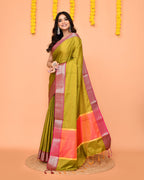Piyari Fashion Women's Handloom Olive Bangalore Silk Saree With Zari Border | Grocsy