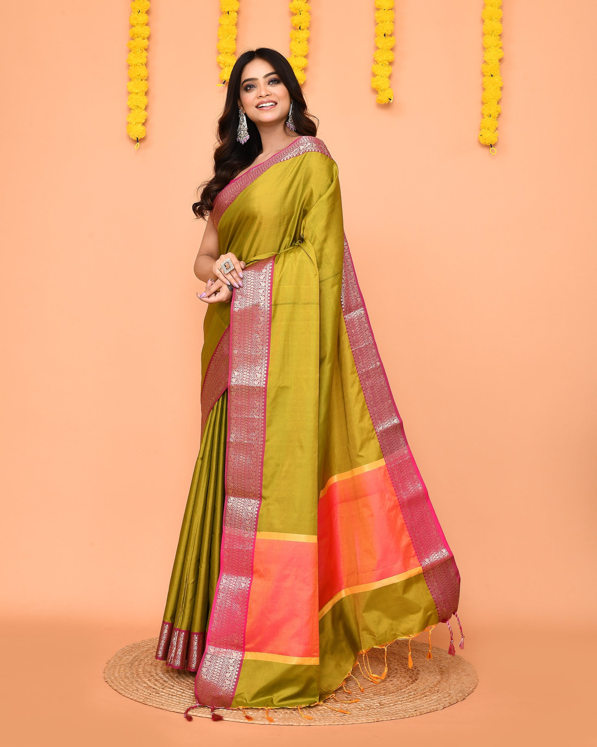 Piyari Fashion Women's Handloom Olive Bangalore Silk Saree With Zari Border | Grocsy