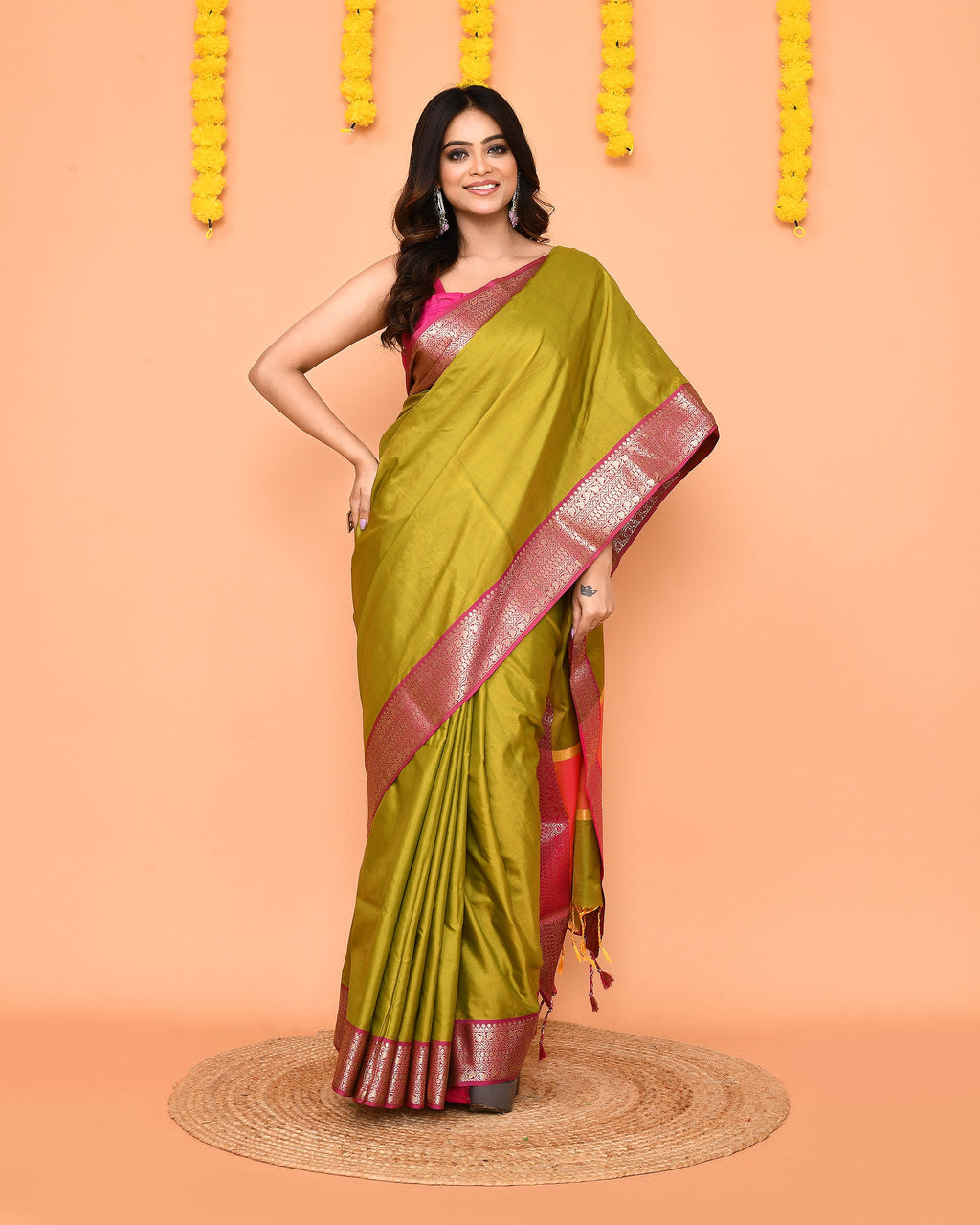 Piyari Fashion Women's Handloom Olive Bangalore Silk Saree With Zari Border | Grocsy