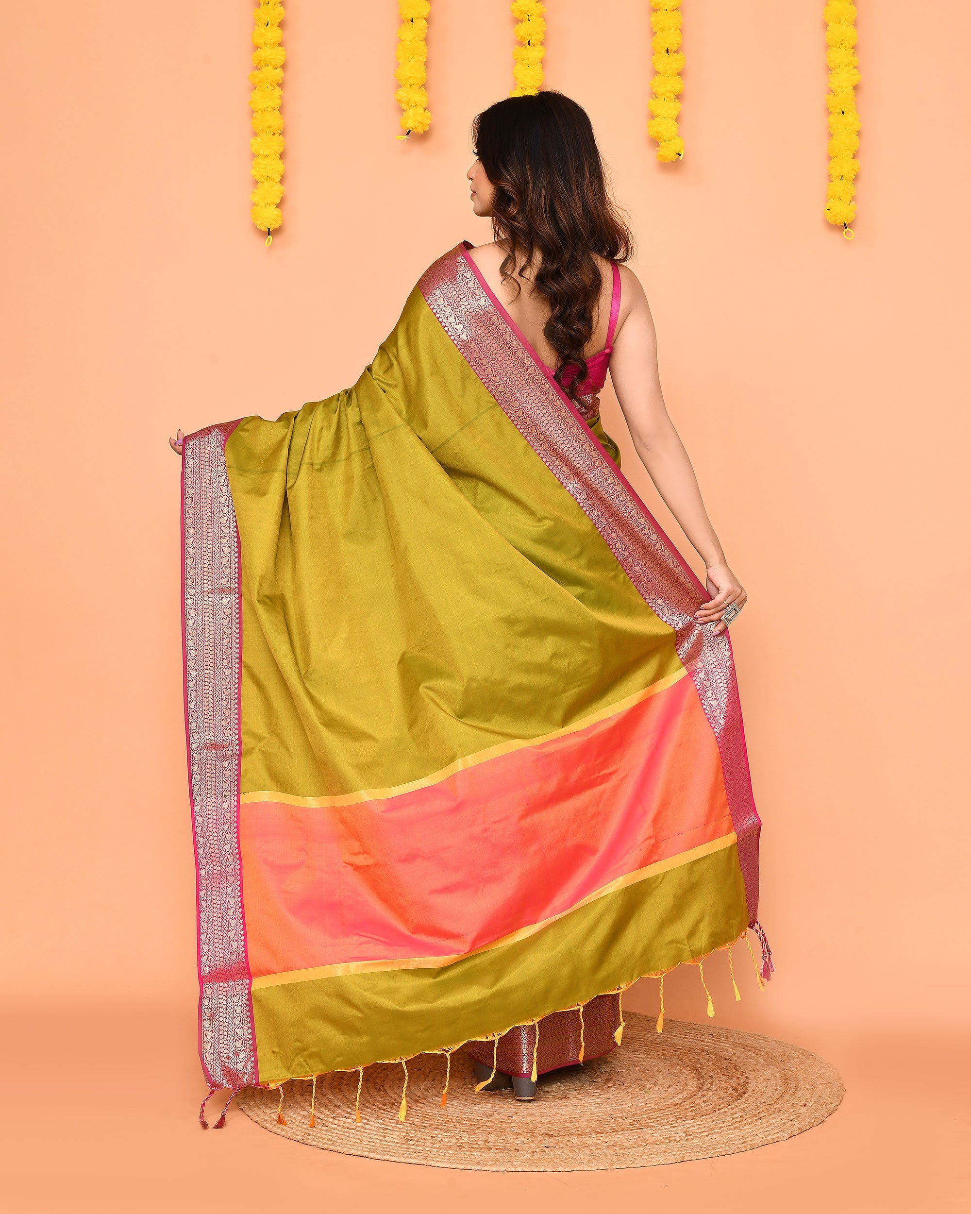 Piyari Fashion Women's Handloom Olive Bangalore Silk Saree With Zari Border | Grocsy