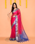 Piyari Fashion Women's Rani Pink Organza Silk Saree With Zari Border | Grocsy