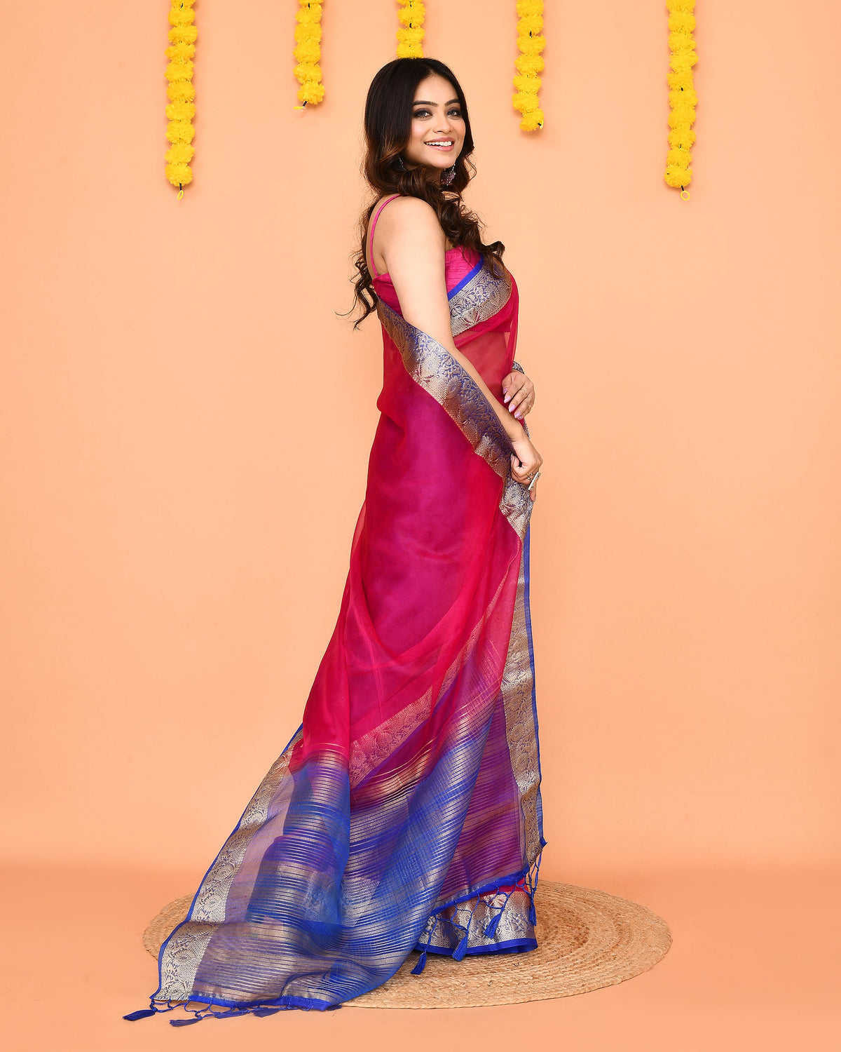 Piyari Fashion Women's Rani Pink Organza Silk Saree With Zari Border | Grocsy