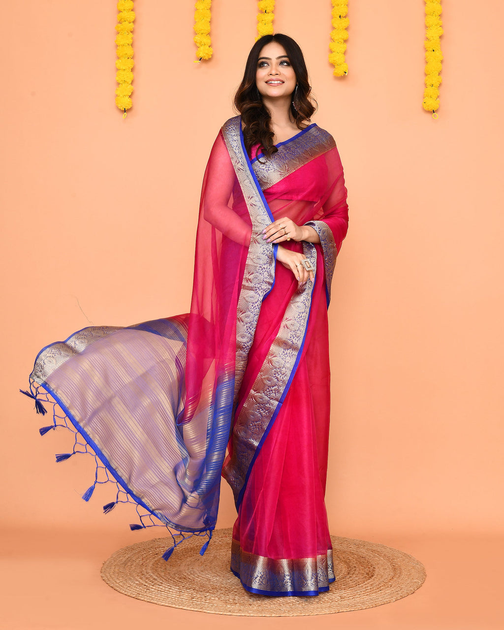 Piyari Fashion Women's Rani Pink Organza Silk Saree With Zari Border | Grocsy