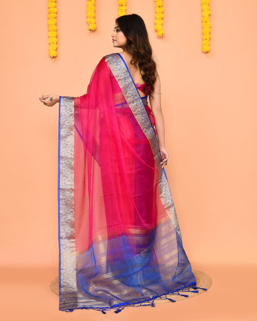 Piyari Fashion Women's Rani Pink Organza Silk Saree With Zari Border | Grocsy
