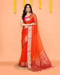 Piyari Fashion Women's Orange Organza Silk Saree With Zari Border | Grocsy