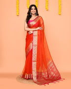 Piyari Fashion Women's Orange Organza Silk Saree With Zari Border | Grocsy