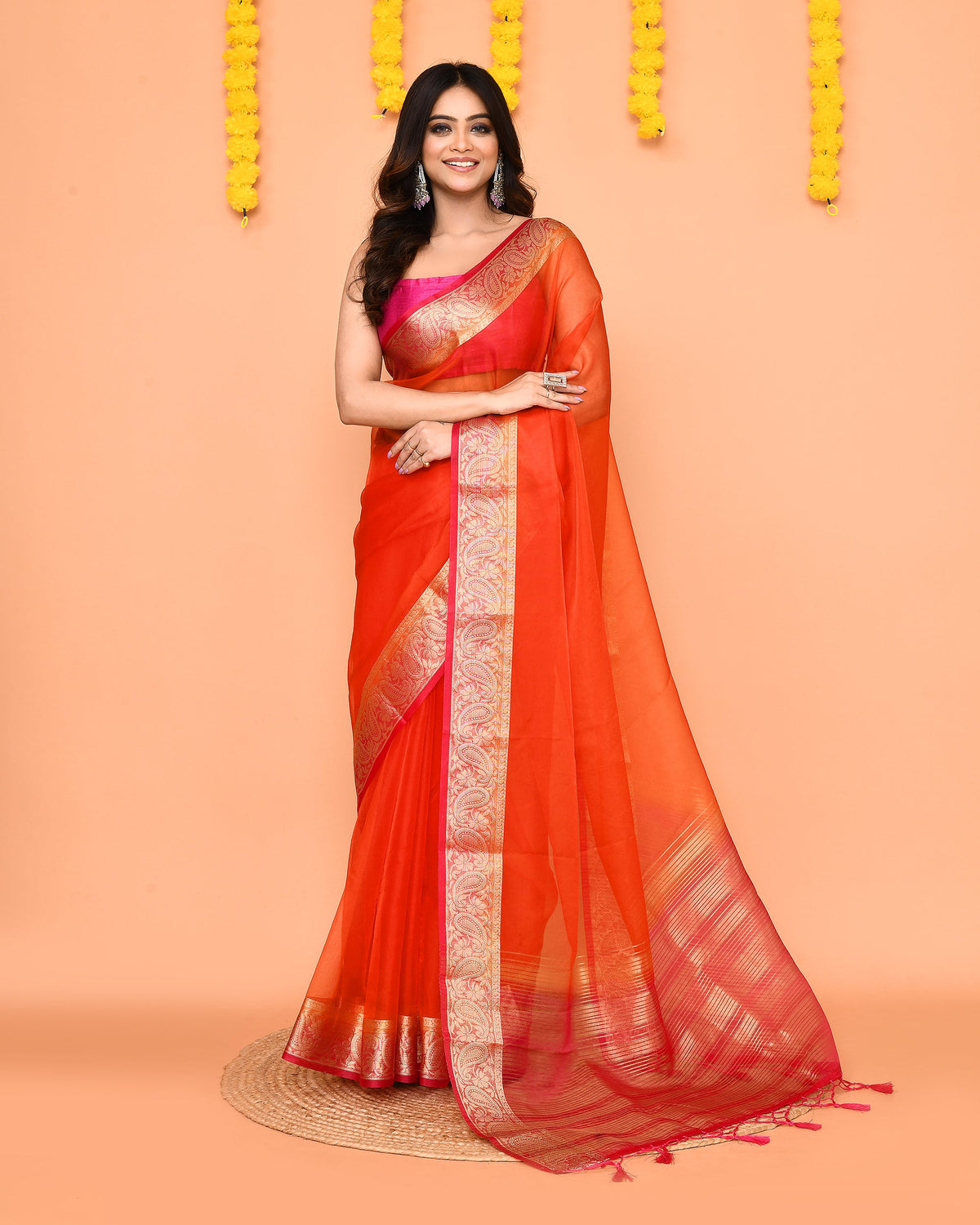 Piyari Fashion Women's Orange Organza Silk Saree With Zari Border | Grocsy