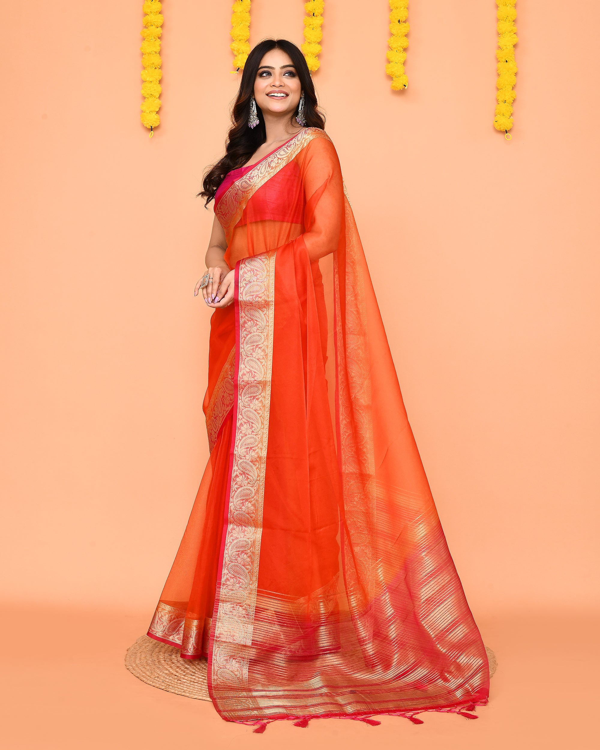 Piyari Fashion Women's Orange Organza Silk Saree With Zari Border | Grocsy
