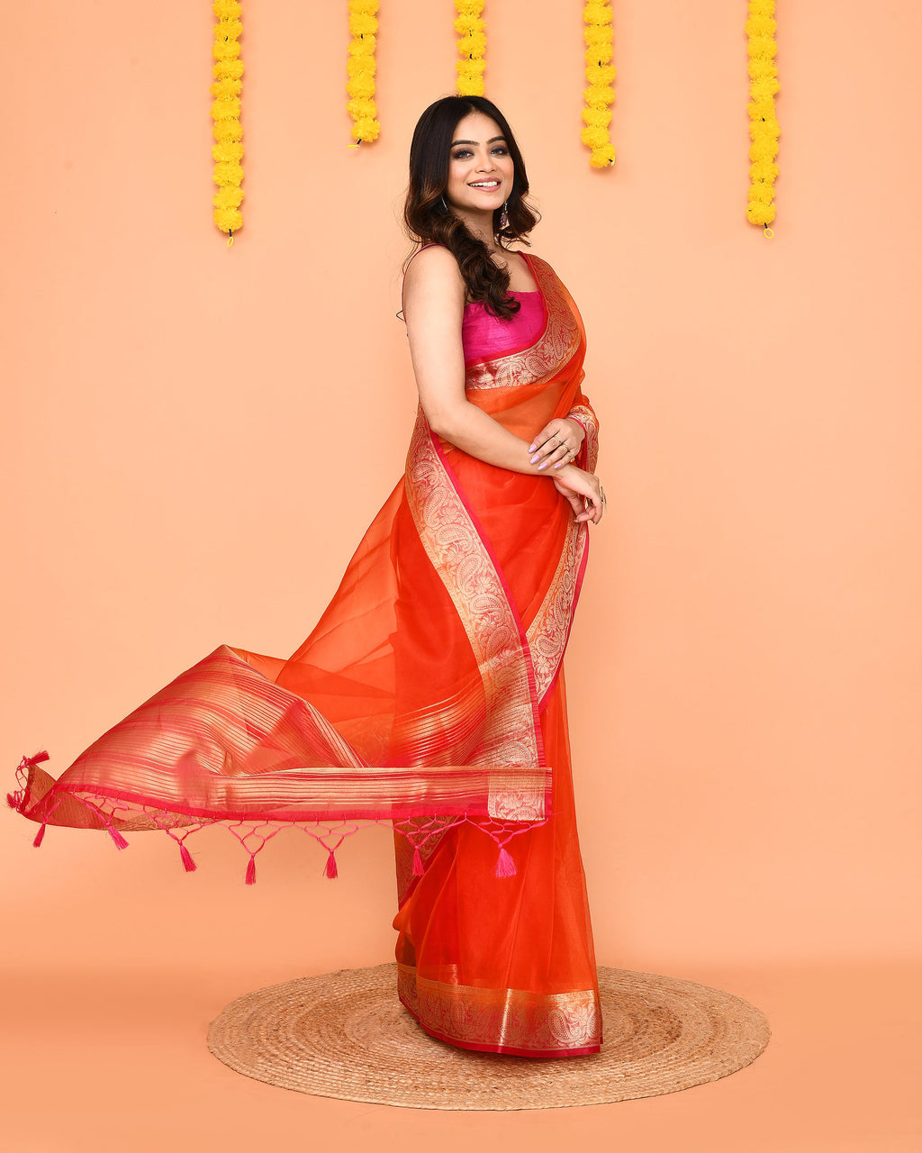 Piyari Fashion Women's Orange Organza Silk Saree With Zari Border | Grocsy