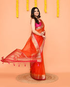 Piyari Fashion Women's Orange Organza Silk Saree With Zari Border | Grocsy