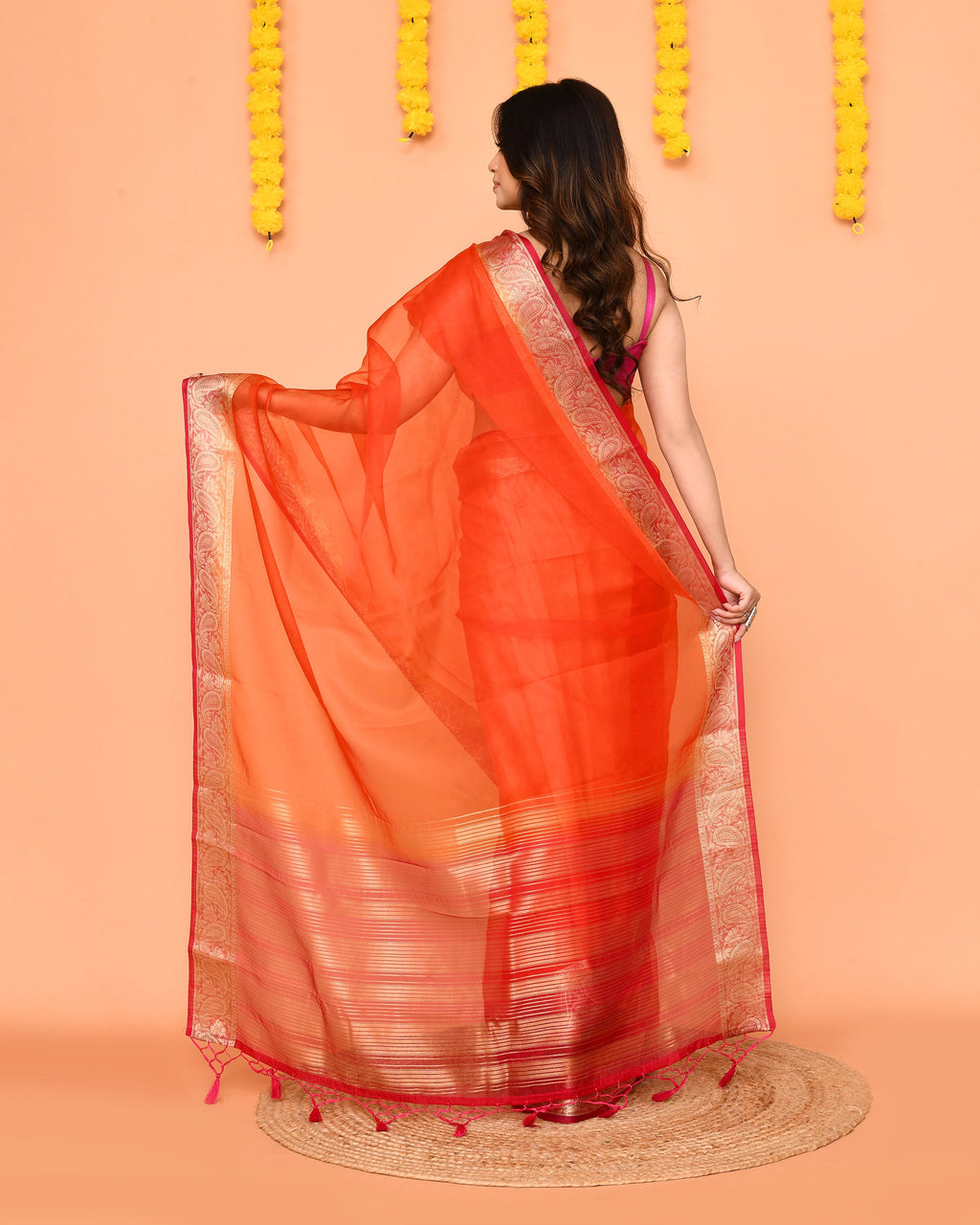 Piyari Fashion Women's Orange Organza Silk Saree With Zari Border | Grocsy