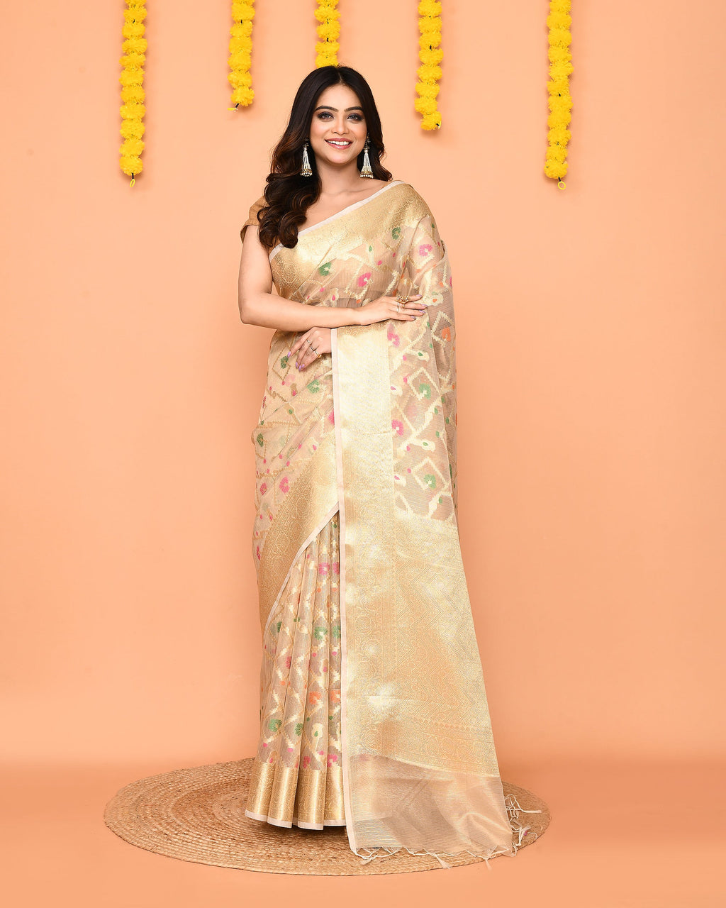 Piyari Fashion Women's Handloom Beige Bangalore Silk Saree With Zari Border | Grocsy