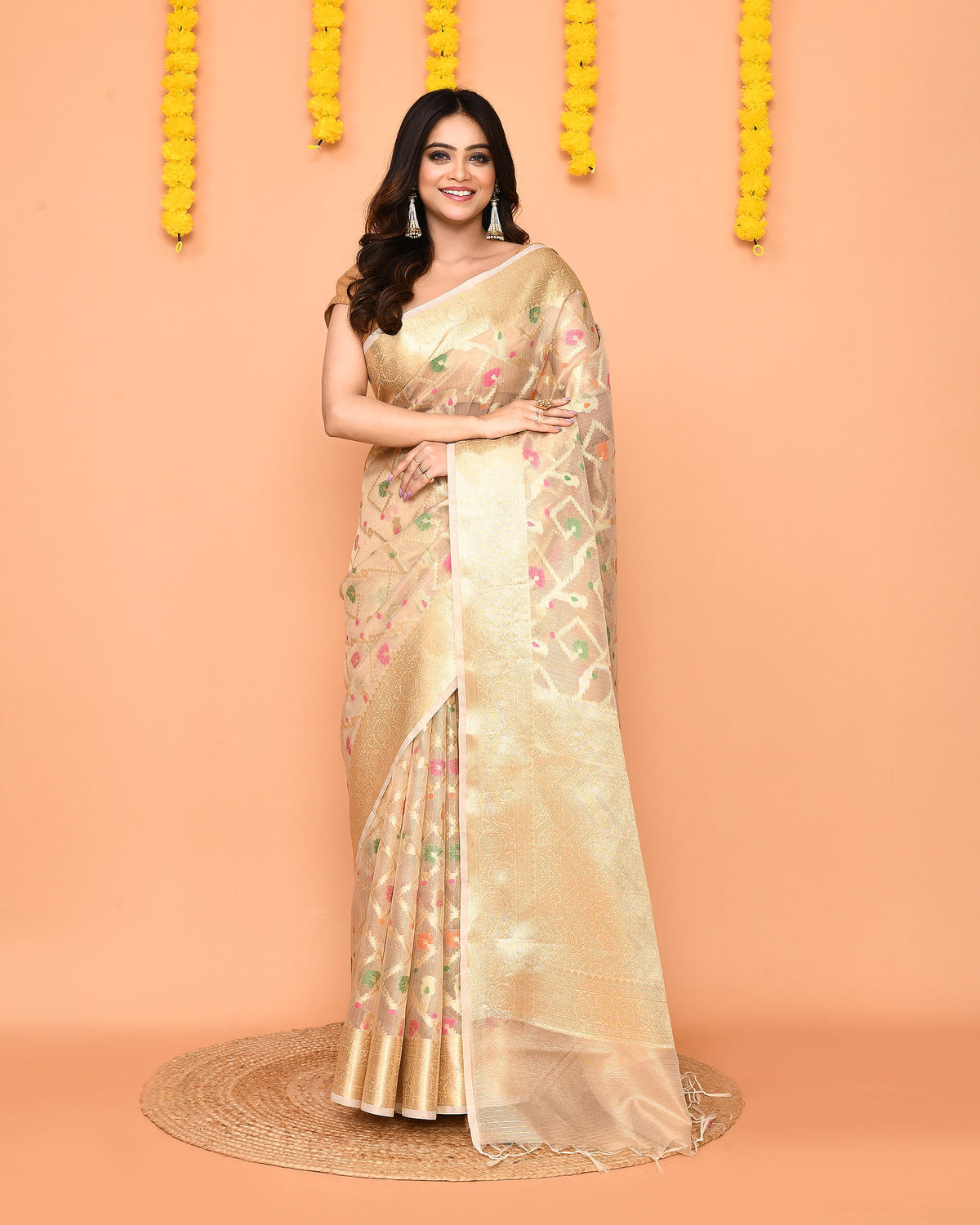 Piyari Fashion Women's Handloom Beige Bangalore Silk Saree With Zari Border | Grocsy