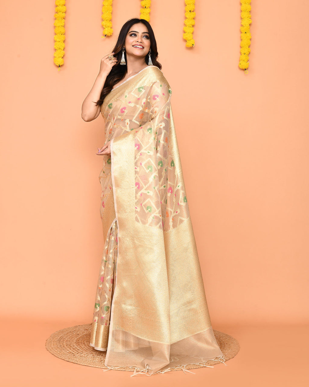 Piyari Fashion Women's Handloom Beige Bangalore Silk Saree With Zari Border | Grocsy