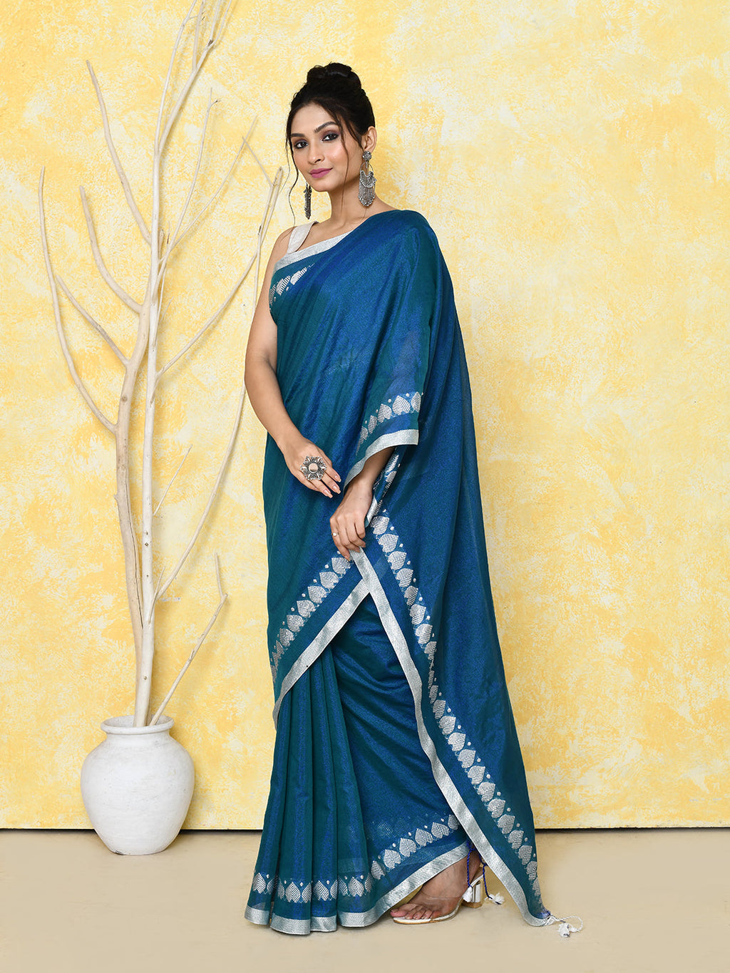 Piyari Fashion Women's Love Border Navy Blue Tissue Saree With Blouse Piece | Grocsy