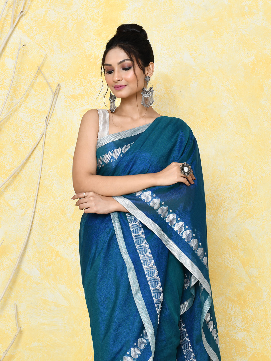Piyari Fashion Women's Love Border Navy Blue Tissue Saree With Blouse Piece | Grocsy