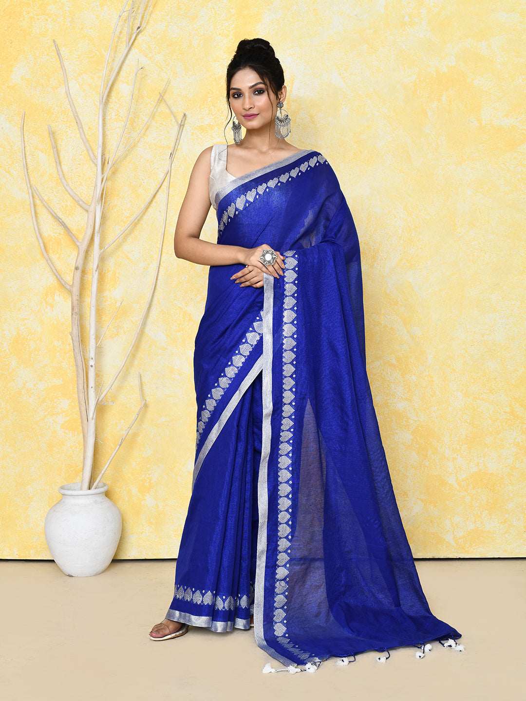 Piyari Fashion Women's Love Border Royal Blue Tissue Saree With Blouse Piece | Grocsy