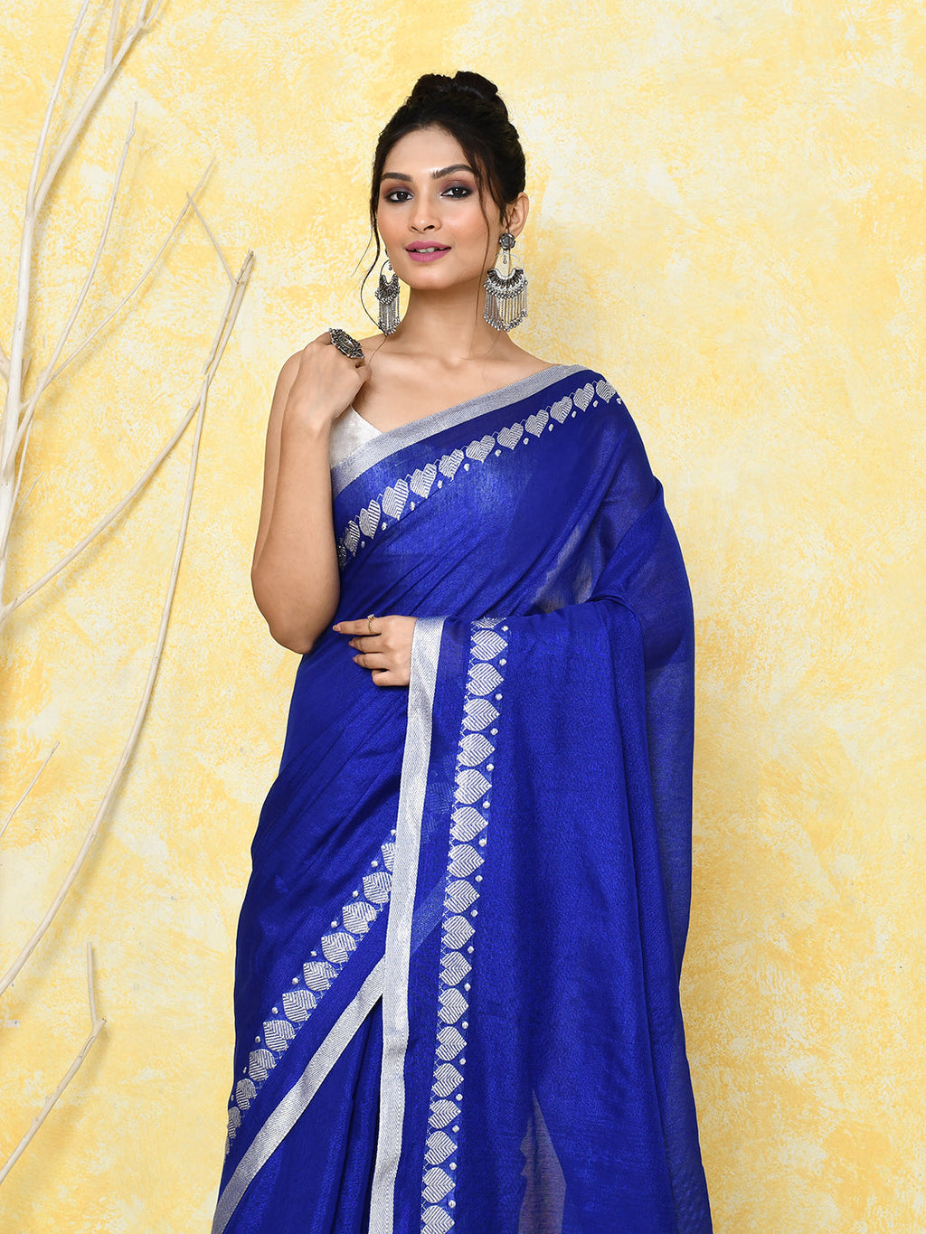 Piyari Fashion Women's Love Border Royal Blue Tissue Saree With Blouse Piece | Grocsy