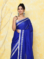 Piyari Fashion Women's Love Border Royal Blue Tissue Saree With Blouse Piece | Grocsy