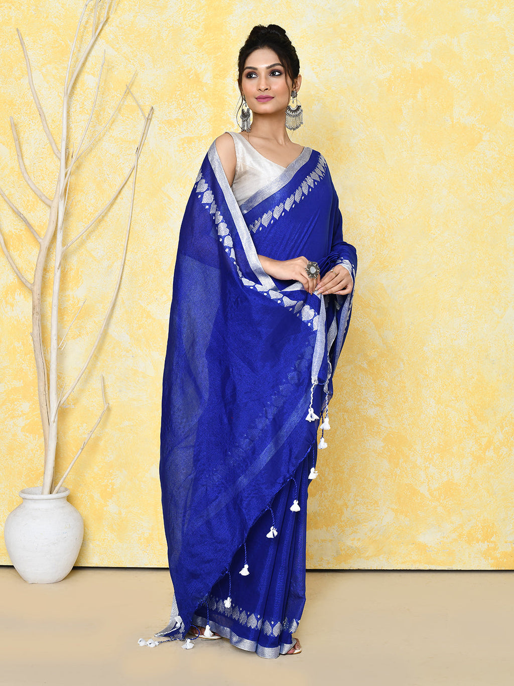Piyari Fashion Women's Love Border Royal Blue Tissue Saree With Blouse Piece | Grocsy