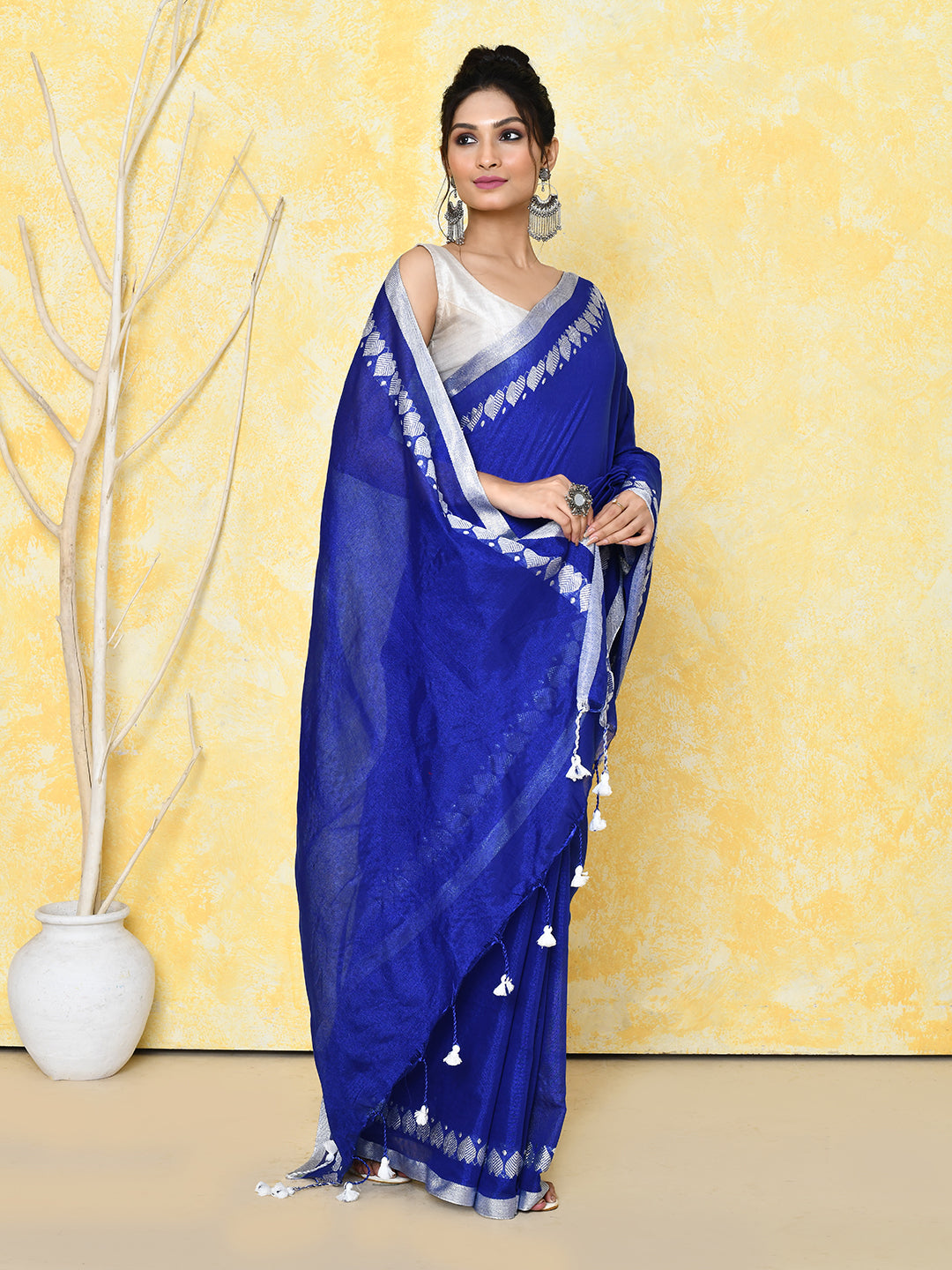 Piyari Fashion Women's Love Border Royal Blue Tissue Saree With Blouse Piece | Grocsy