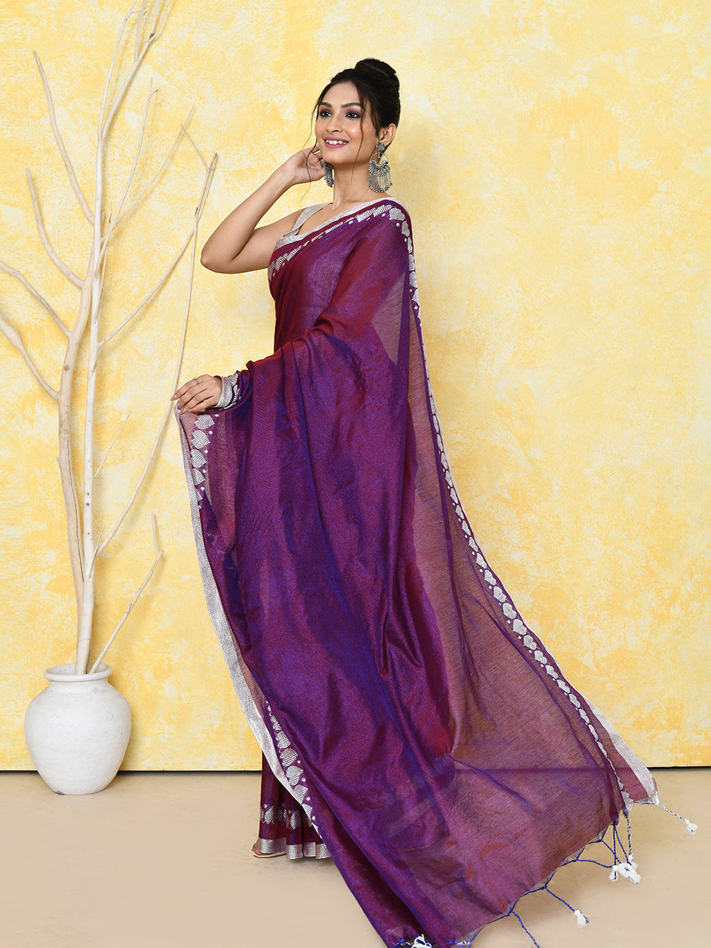 Piyari Fashion Women's Love Border Purple Tissue Saree With Blouse Piece | Grocsy