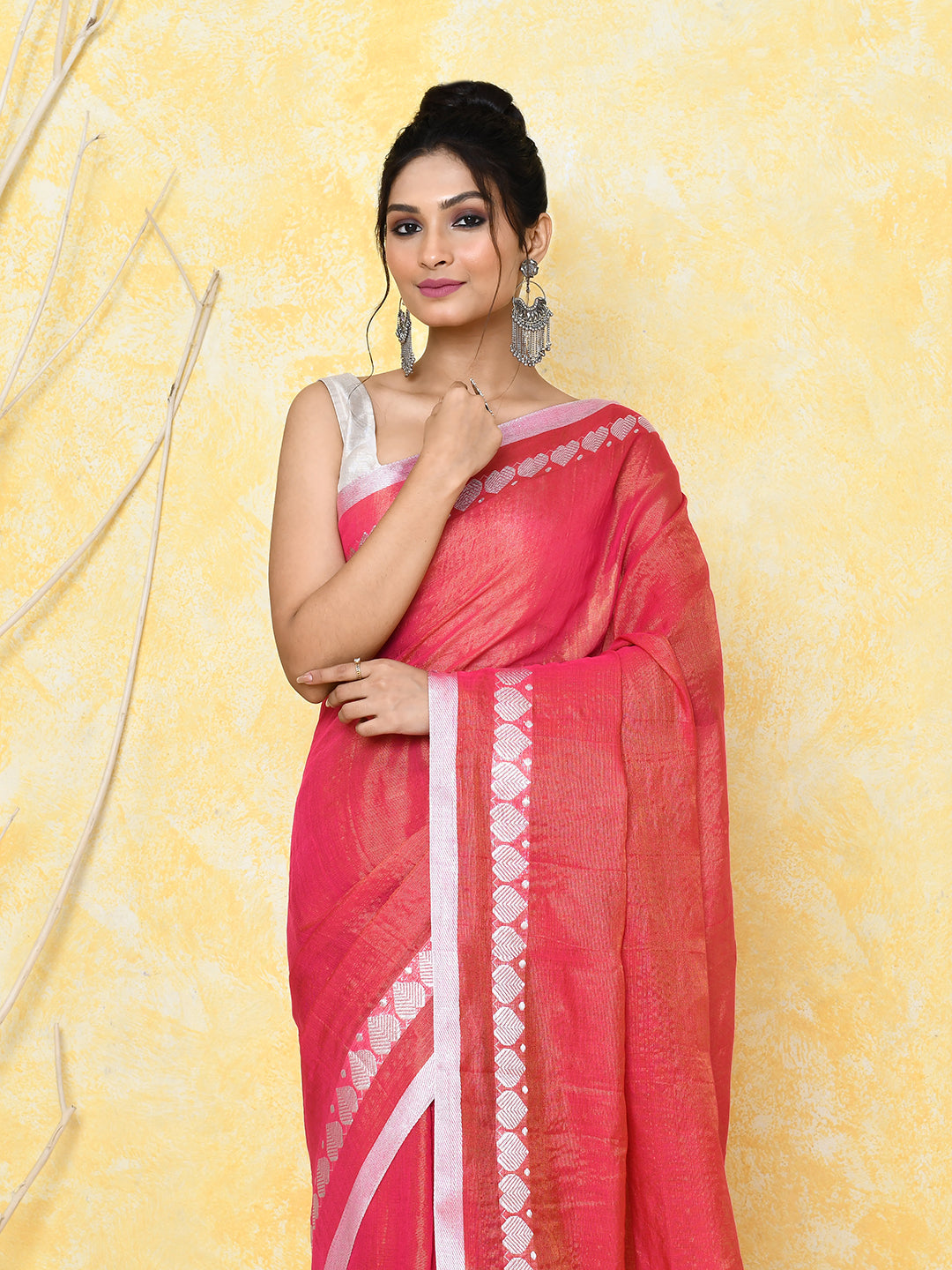 Piyari Fashion Women's Love Border Tomato Red Tissue Saree With Blouse Piece | Grocsy