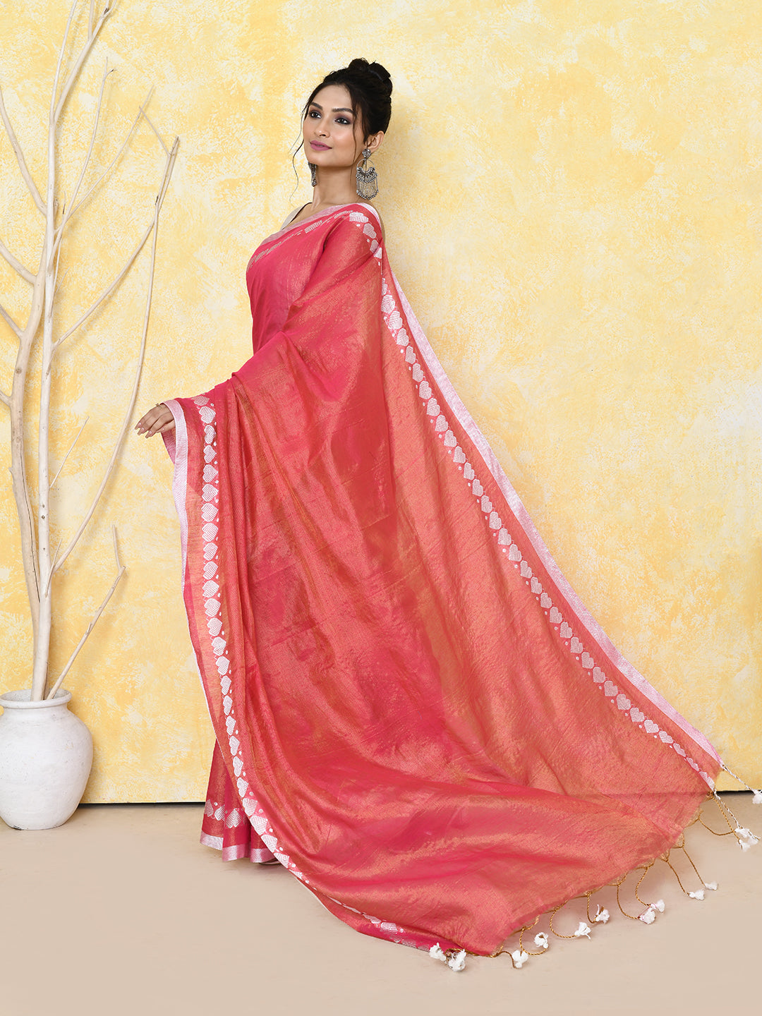 Piyari Fashion Women's Love Border Tomato Red Tissue Saree With Blouse Piece | Grocsy