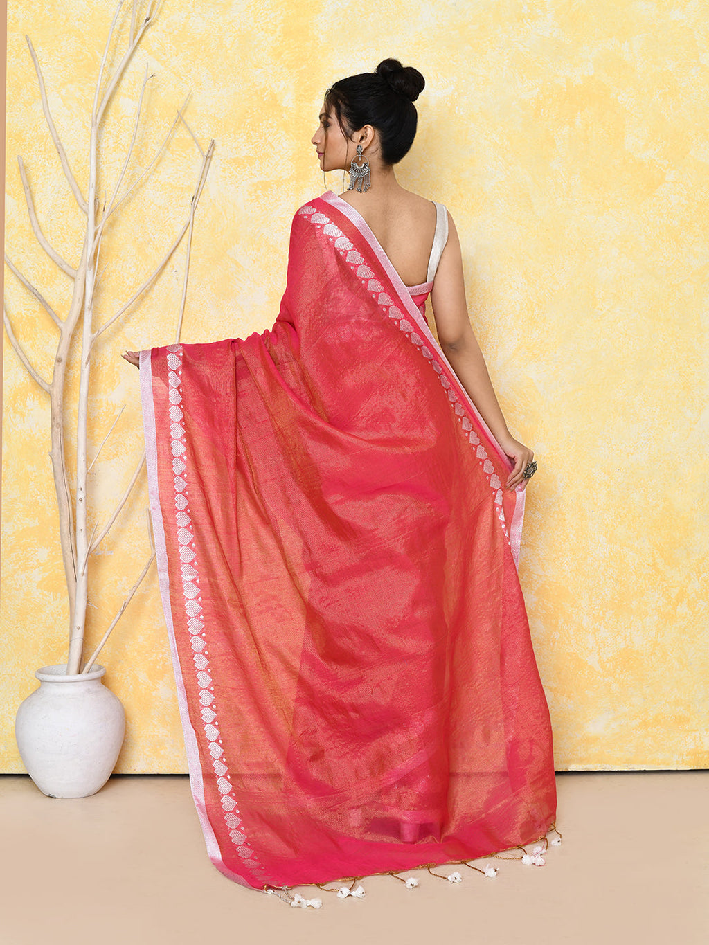 Piyari Fashion Women's Love Border Tomato Red Tissue Saree With Blouse Piece | Grocsy