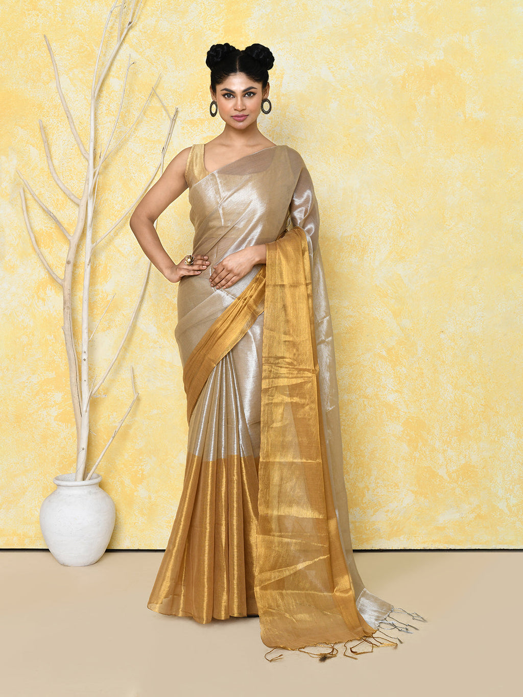 Piyari Fashion Women's Silver Gold Organic Tissue Saree With Blouse Piece | Grocsy