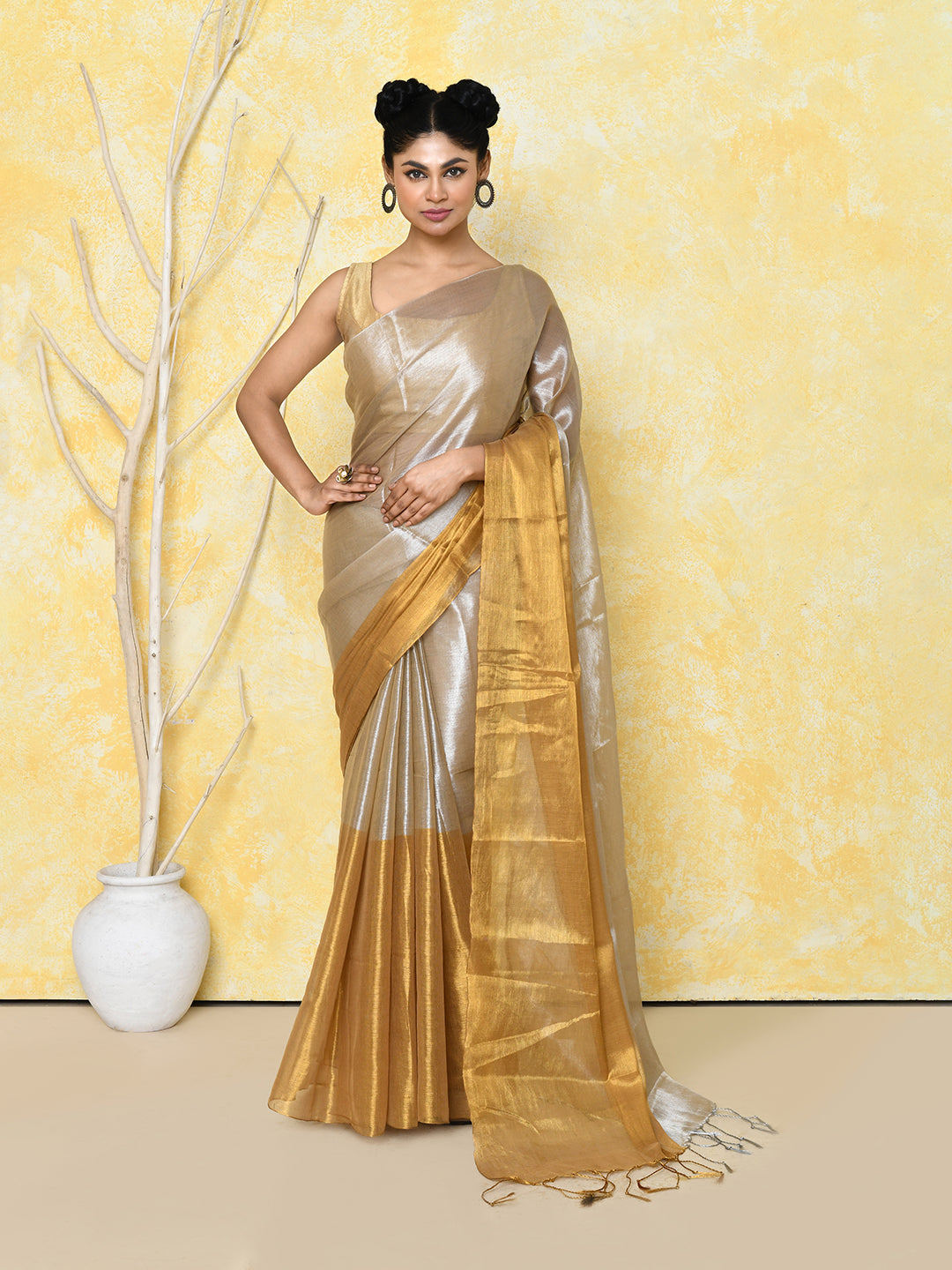 Piyari Fashion Women's Silver Gold Organic Tissue Saree With Blouse Piece | Grocsy