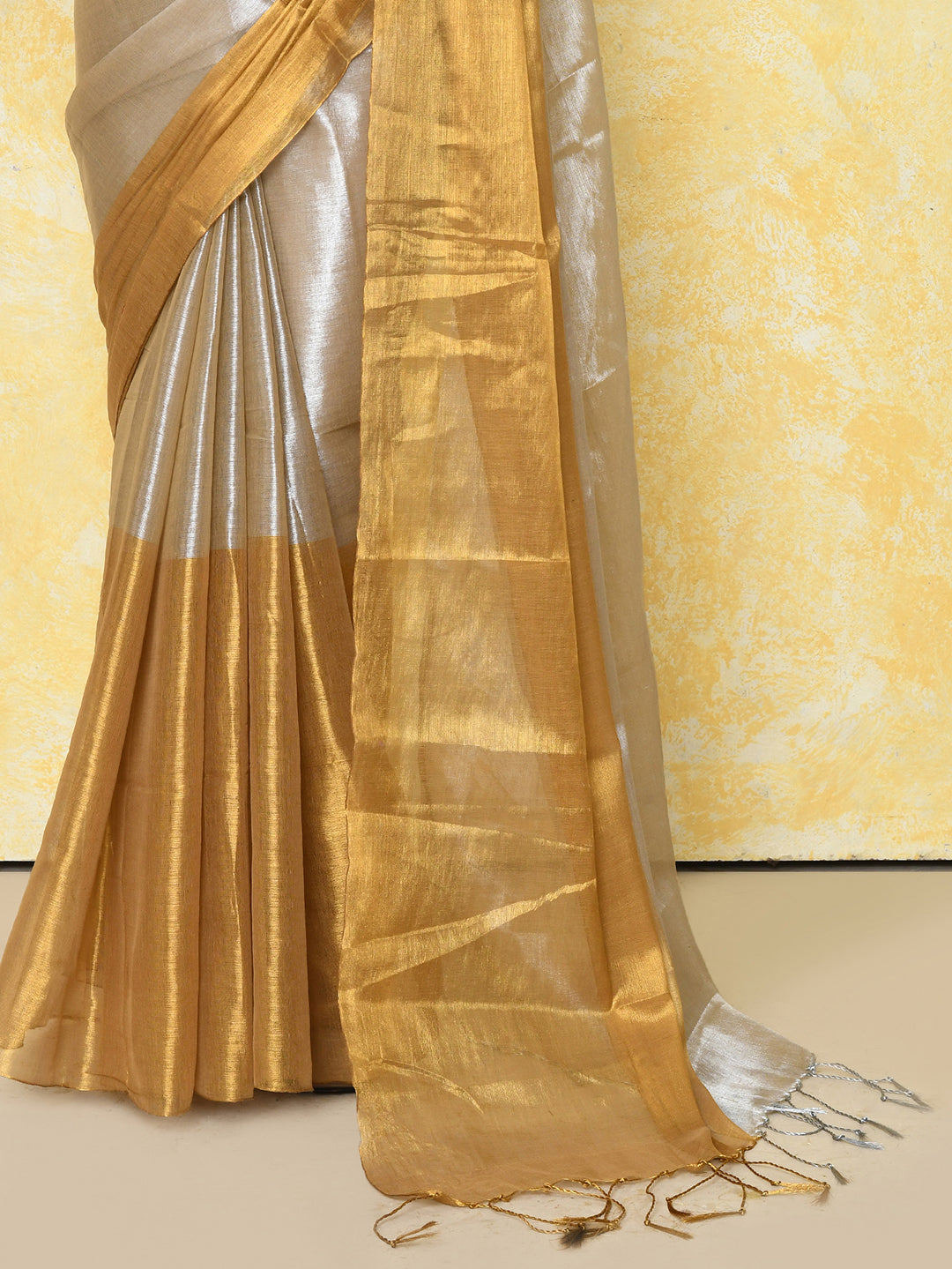 Piyari Fashion Women's Silver Gold Organic Tissue Saree With Blouse Piece | Grocsy