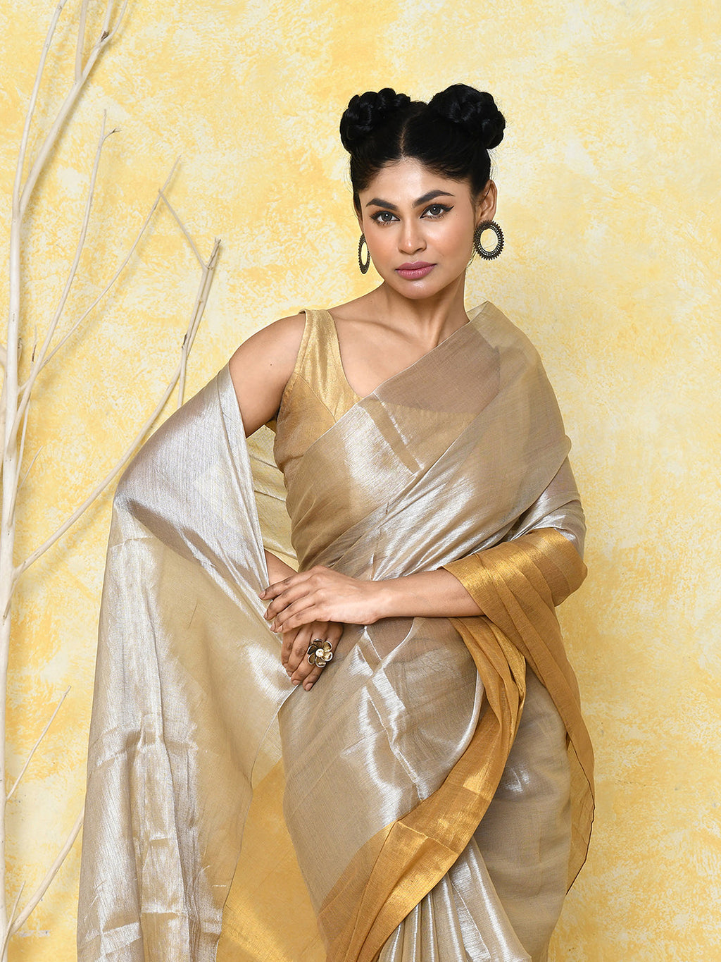 Piyari Fashion Women's Silver Gold Organic Tissue Saree With Blouse Piece | Grocsy