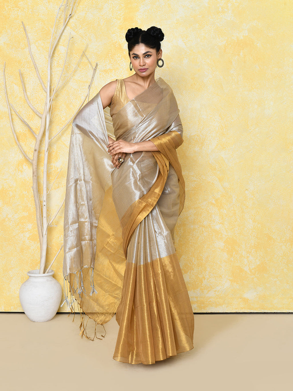 Piyari Fashion Women's Silver Gold Organic Tissue Saree With Blouse Piece | Grocsy