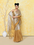 Piyari Fashion Women's Silver Gold Organic Tissue Saree With Blouse Piece | Grocsy